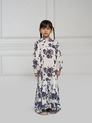 AZRA PLEATED KIDS DRESS WHITE NAVY