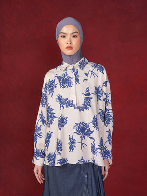 LENORA HALF BUTTON TOP BLUE IVORY