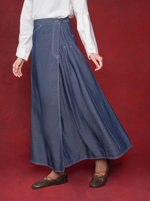 NYRA PLEATED WRAP SKIRT DENIM