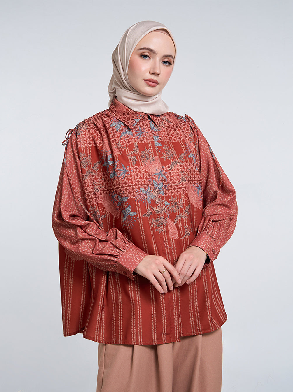 PUSPA DRAWSTRING SHOULDER TOP ROSEWOOD