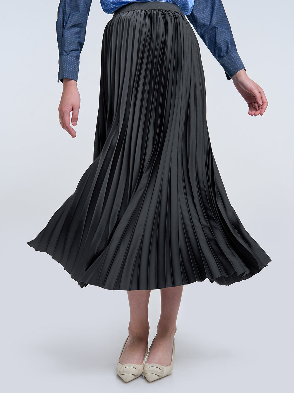 SATIN PLEATED SKIRT PLAIN CHARCOAL